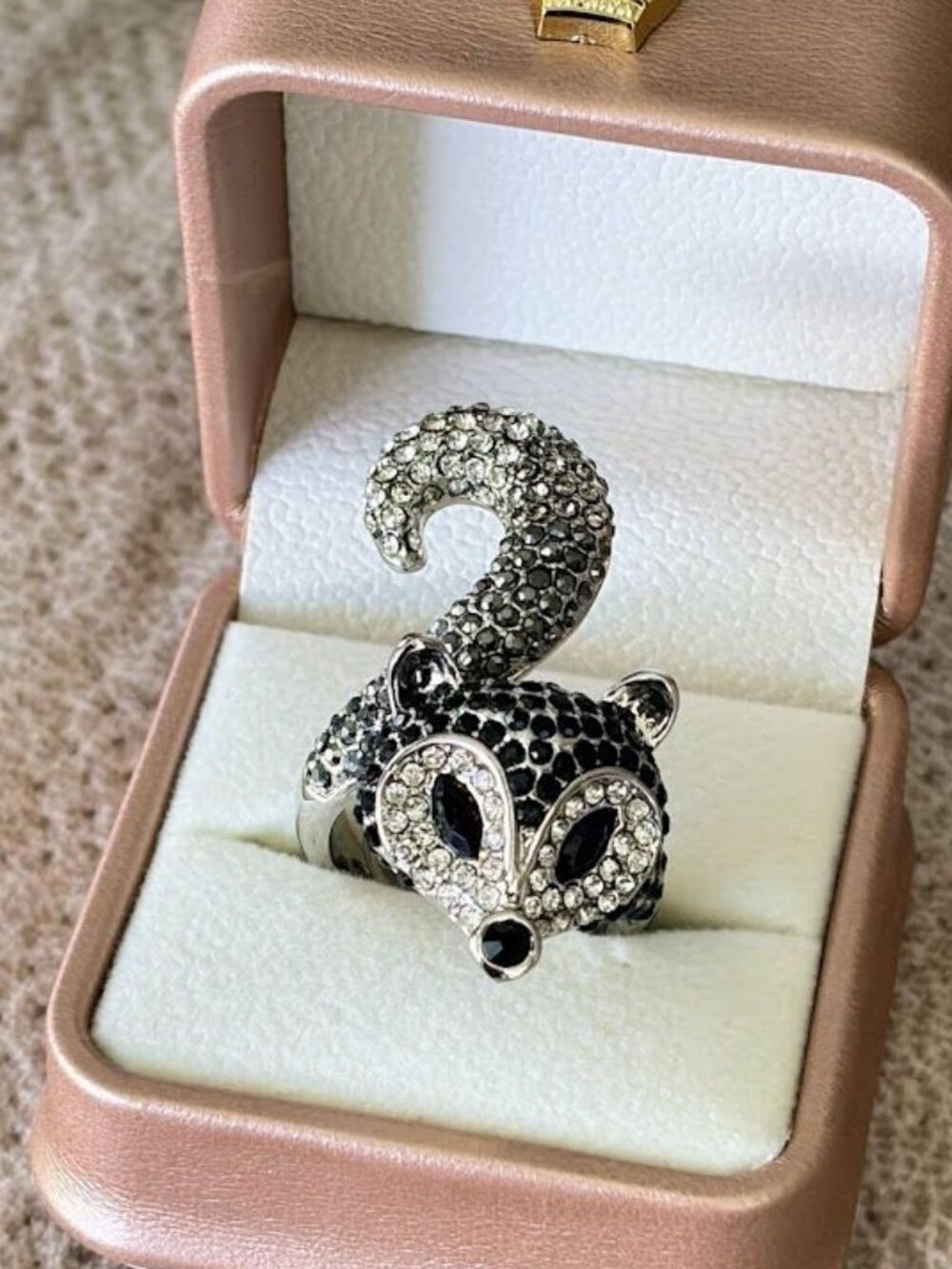 Spring Street Crystal Fox Ring Black Rhinestone Adjustable Size 7-8
